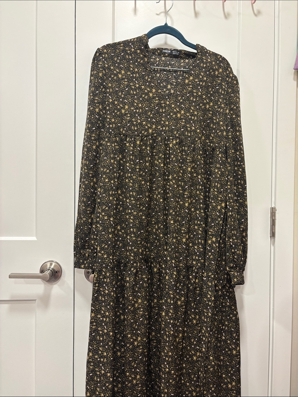 SHEIN Black Long Sleeve Floral Tiered Maxi Dress